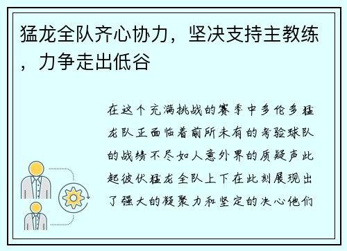 猛龙全队齐心协力，坚决支持主教练，力争走出低谷