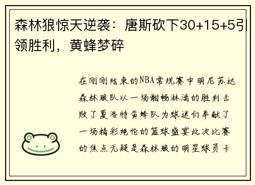 森林狼惊天逆袭：唐斯砍下30+15+5引领胜利，黄蜂梦碎
