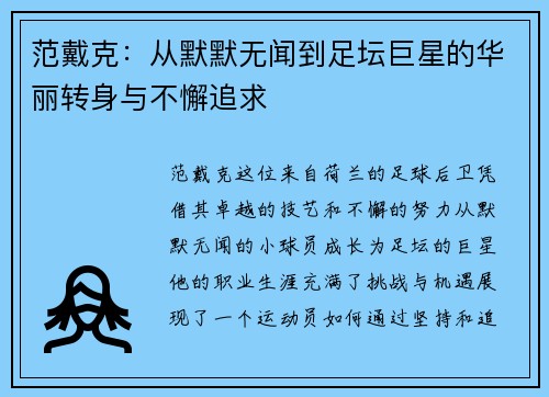 范戴克：从默默无闻到足坛巨星的华丽转身与不懈追求