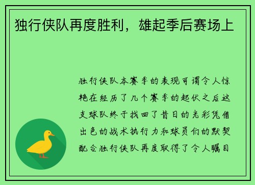 独行侠队再度胜利，雄起季后赛场上