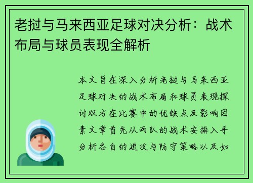 老挝与马来西亚足球对决分析：战术布局与球员表现全解析