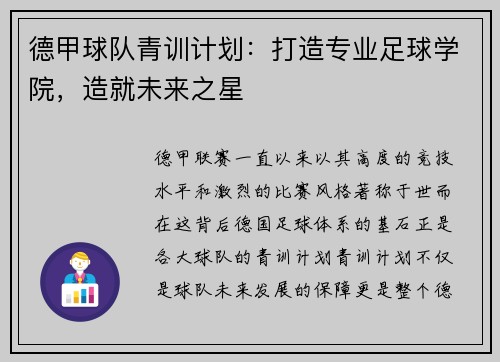 德甲球队青训计划：打造专业足球学院，造就未来之星