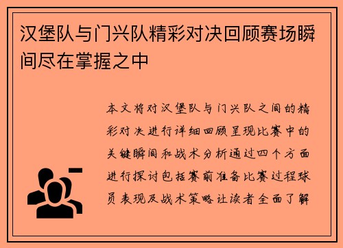 汉堡队与门兴队精彩对决回顾赛场瞬间尽在掌握之中
