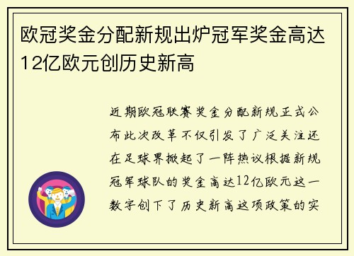 欧冠奖金分配新规出炉冠军奖金高达12亿欧元创历史新高