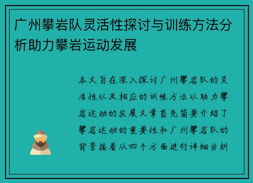 广州攀岩队灵活性探讨与训练方法分析助力攀岩运动发展