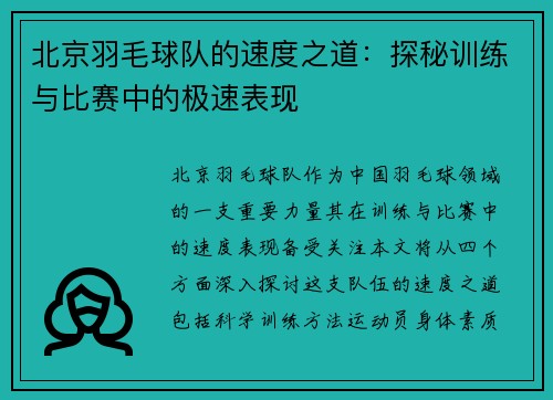 北京羽毛球队的速度之道：探秘训练与比赛中的极速表现