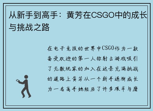 从新手到高手：黄芳在CSGO中的成长与挑战之路