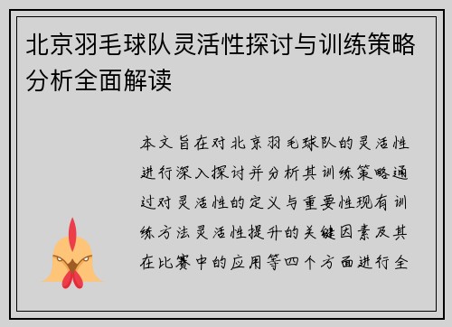 北京羽毛球队灵活性探讨与训练策略分析全面解读